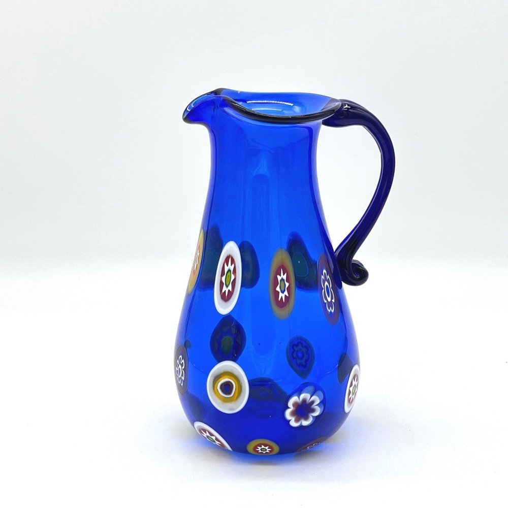 Cobalt Blue Glass Pitcher Murano Millefiori Flower Formentello?